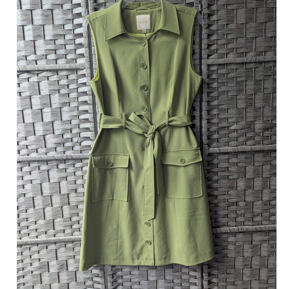 ModCloth Shirt Dress Green Sleeveless Belted Button Front Sz L Retro Polished